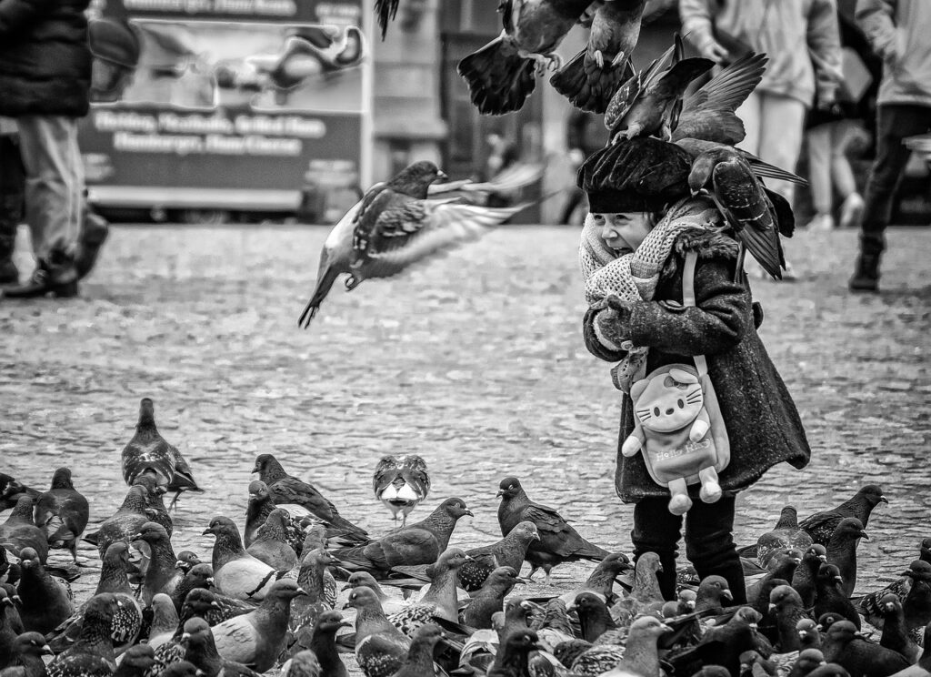 Tauben und ein Kind zur Darstellung des friedlichen Zusammenlebens
